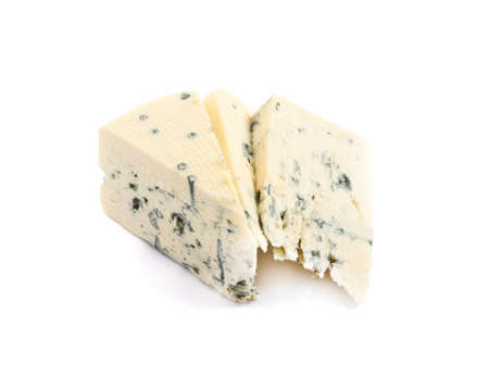 Danablue danish blue semi-soft cheese sliced and isolated over white backgroundの写真素材