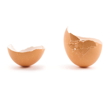 Egg shell cracked and broken in two parts isolated over white background