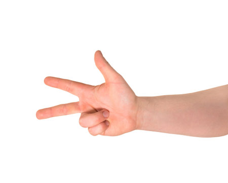 Counting  three finger sign as caucasian hand gesture isolated over white background