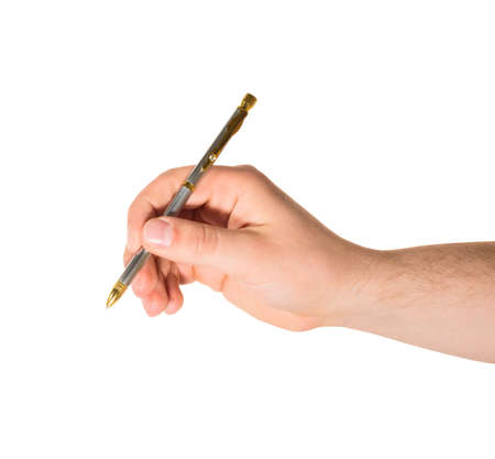 Caucasian hand holding an expensive metal pen isolated over white backgroundの写真素材