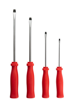 Four screwdriver set with the red handle isolated over white background