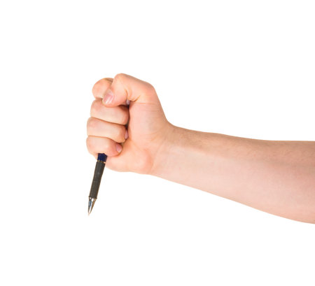 Caucasian hand holding a pen isolated over white background
