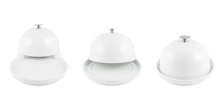 Ceramic plate cover on the dish isolated over white background, set of three foreshorteningsの写真素材