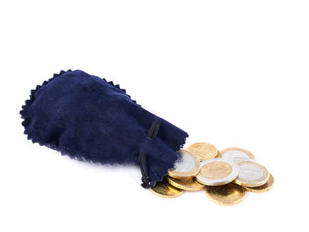 Blue suede pouch full of euro coins isolated over white backgroundの写真素材