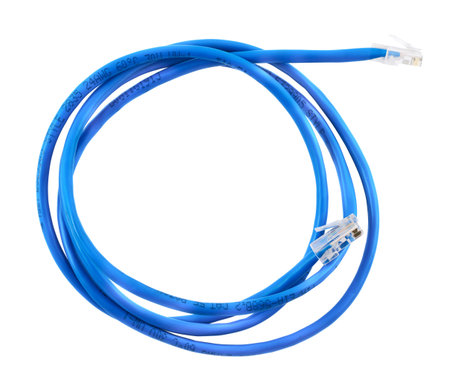 Twisted pair blue network cable isolated over white background