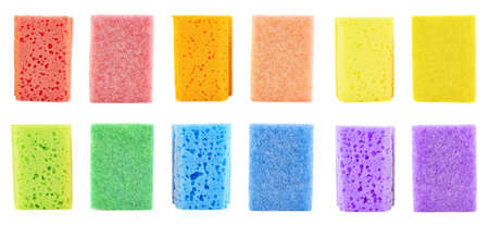 Colorful kitchen sponge, back and front view foreshortening, set of six colors isolated over white backgroundの写真素材