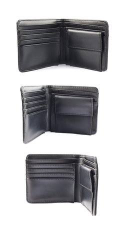 Black leather wallet, opened, isolated over white background, set of three foreshortenings