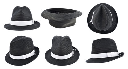 Fedora like black hat with a white tape isolated over white background, set of six foreshorteningsの写真素材
