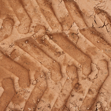 Wheel's trail tread in the red mud as a background