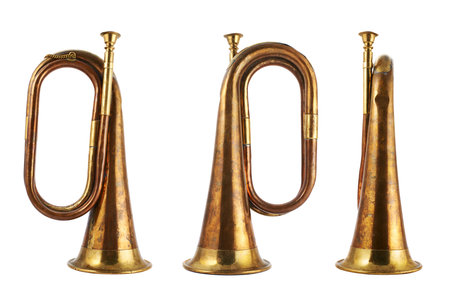 Trumpet musical metal instrument isolated over white , set of three foreshortenings
