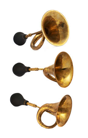 Horn klaxon metal instrument isolated over whiteの写真素材