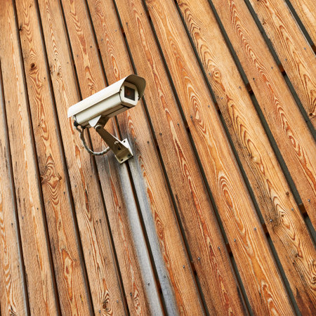 CCTV camera installed to the old wooden board wall