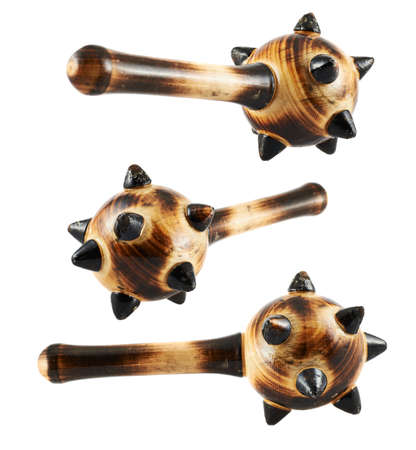 Wooden mace weapon isolated over white background, set of three foreshorteningsの写真素材