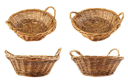 Brown wicker basket isolated over white background, set of four foreshorteningsの写真素材
