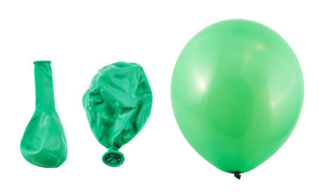 Three stages of green balloon inflation process isolated over white backgroundの写真素材