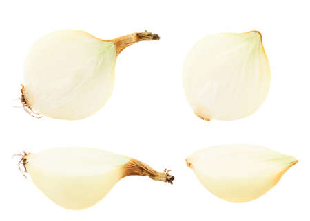 Cut in halves onion isolated over white background, set of fourの写真素材