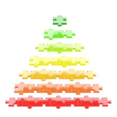 Pyramid made of red, orange, green puzzle pieces isolated over white background