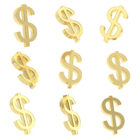 USD dollar golden currency sign render isolated over white, set of nine fore shorteningsの写真素材