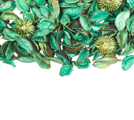 Dried green medley potpourri leaves over white foreground as a copyspace background compositionの写真素材