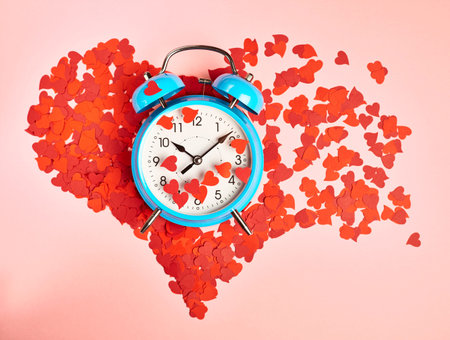 Alarm clock over the heart shape made of red confetti