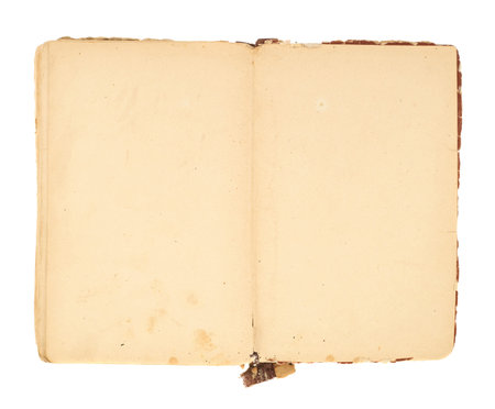 Opened decrepit old book yellowed sheets isolated over white background