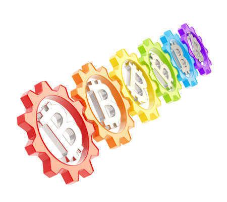 Row of a colorful plastic gears with a bitcoin peer-to-peer crypto currency sign inside, isolated over white backgroundの写真素材