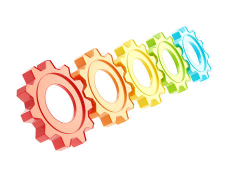 Row of a plastic colorful cogwheel gears isolated over white backgroundの写真素材