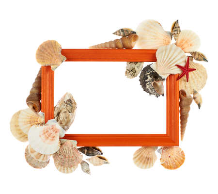Empty copyspace picture wooden orange frame decorated with seashells isolated over the white backgroundの写真素材