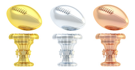 Award american football or rugby sport trophy set of golden, silver and bronze cups isolated over...