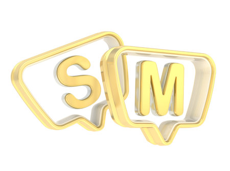 Social media SM abbreviation composition made of two golden text bubbles isolated over white backgroundの写真素材