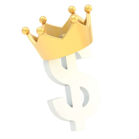 Dollar currency white sign symbol in a golden crown isolated over white backgroundの写真素材