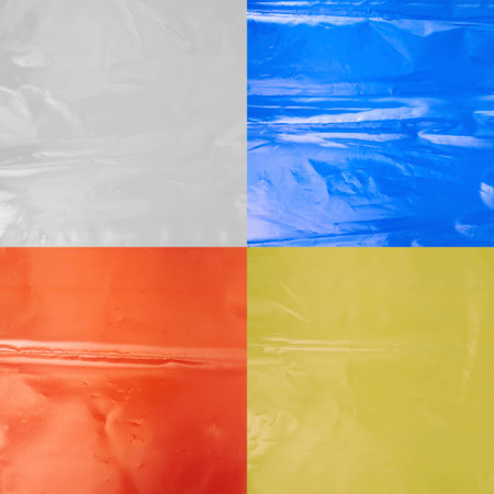 Creased colored plastic polyethylene film texture, set of four imagesの写真素材