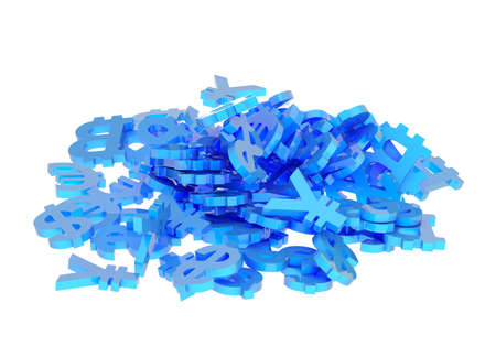 Pile of blue dollar, euro, yen and bitcoin currency symbol signs isolated over the white backgroundの写真素材