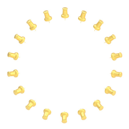 Round frame made of golden office pins isolated over the white backgroundの写真素材