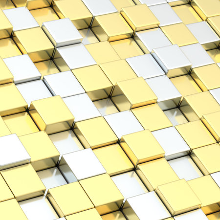 Composition of silver and golden cube shaped blocksの写真素材