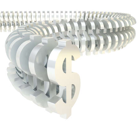 Dollar symbol metal chrome signs arranged in line isolated over the white backgroundの写真素材
