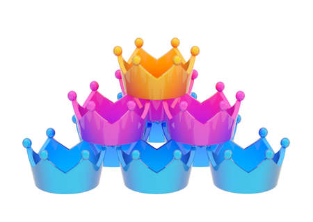 Pyramid pile of colorful glossy plastic crowns isolated over white backgroundの写真素材