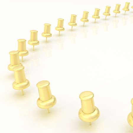 Line of golden office pins put in the white reflective surface as a copyspace background compositionの写真素材