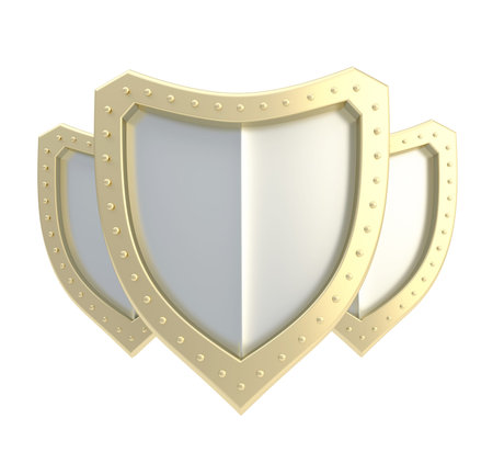 Composition of three chrome metal and golden shields isolated over the white background