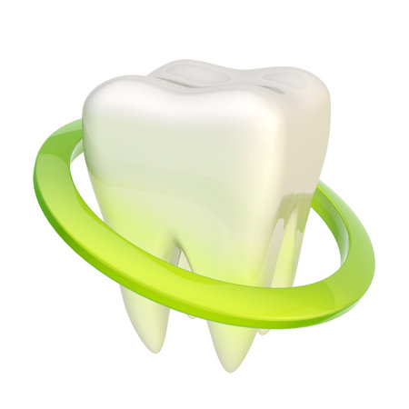 Tooth encircled with a green ring circle as a protection, isolated over the white backgroundの写真素材