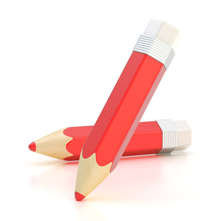 Two red pencils composition isolated over the white reflective surface