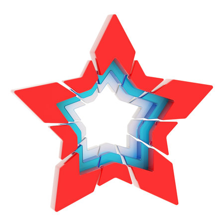 Abstract segmented blue, red, white colored star composition isolated over the white backgroundの写真素材