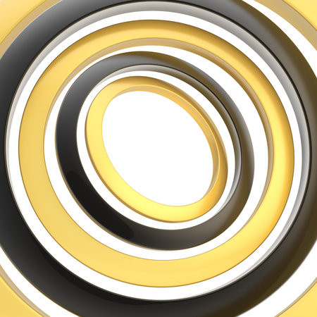 Multiple black and golden rings over the white as an abstract background compositionの写真素材