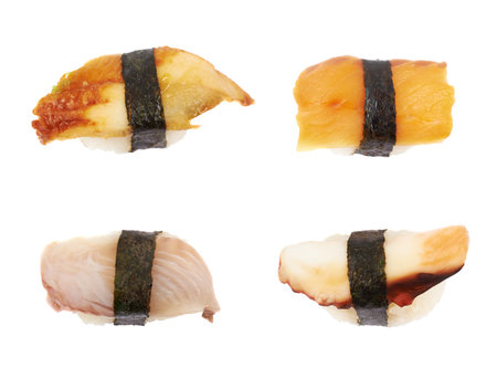 Nigiri sushi, top view isolated over the white background, set of four foreshortenings