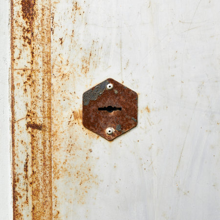 Old rusty white metal door with a keyhole as an abstract background composition