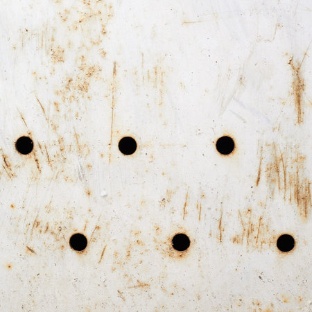 White painted rusty metal surface with a multiple holes as an abstract background compositionの写真素材