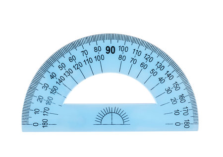 Blue plastic protractor ruler, isolated over the white backgroundの写真素材