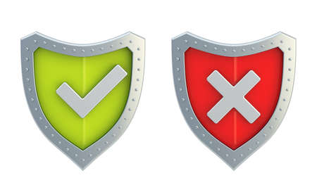 Yes tick and no cross mark signs over the shield surface isolated on white background, front viewの写真素材