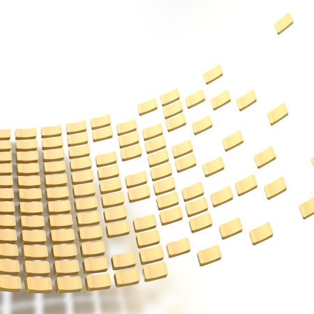 Abstract background composition made of multiple golden glossy tiles over the white reflective surfaceの写真素材