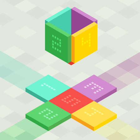 Unfolding orthographic cube shape as a set of infographic vector elementsのイラスト素材